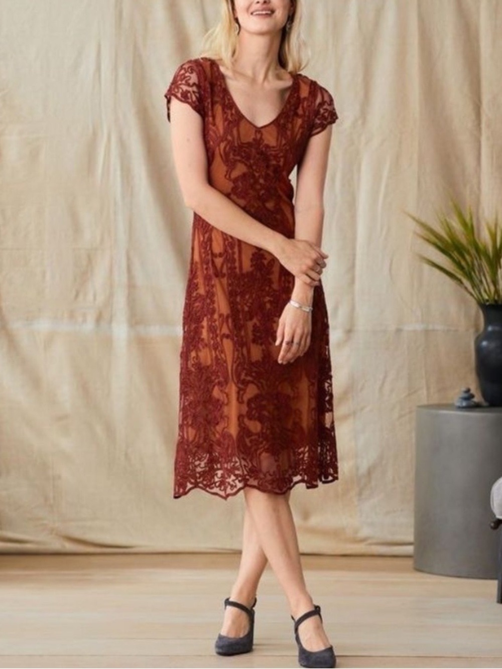 Sundance Hidden Avenue Lined Burgundy/Orange V-Neck Midi Dress Size Large